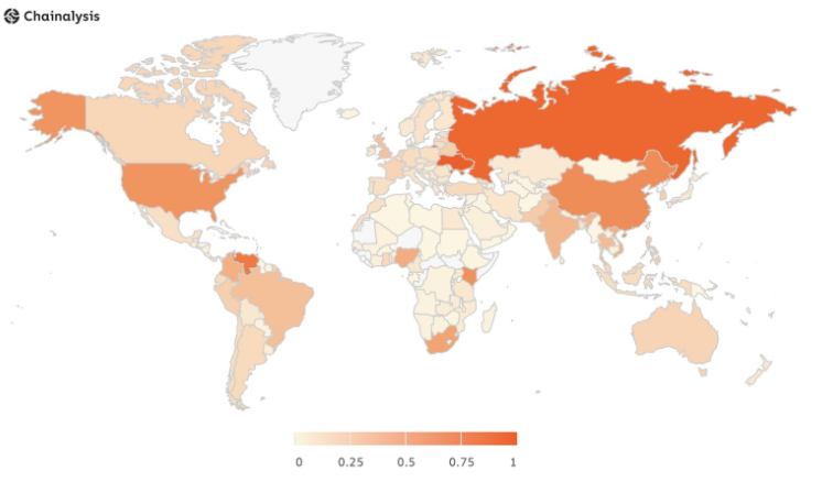 Chainalysis - اوکراین، روسیه و ونزوئلا کشور‌های پیشروی جهان در زمینه‌ی پذیرش رمزارزها