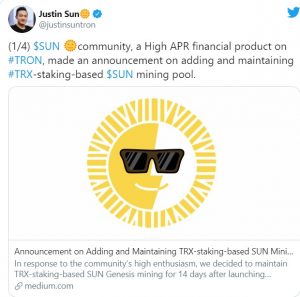 Justin Sun Twitter 300x297 - ماینینگ SUN Genesis، از چهارشنبه 26 شهریور آغاز  و تا 14 روز ادامه دارد