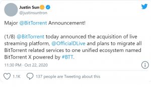 Sun Twitter 1 300x174 - جاستین سان از خرید پلتفرم DLive  توسط بیت تورنت خبر داد