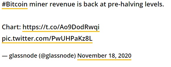 توئیت گلاسنود - درآمد ماینینگ بیت کوین به بالاترین سطح خود رسیده است