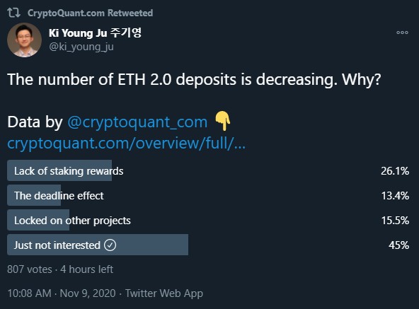 CryptoQuant ETH2.0 Survey - مدیرعامل صرافی Binance از خرید 32 عدد اتریوم به منظور حمایت از Ethereum 2.0 خبر داد!