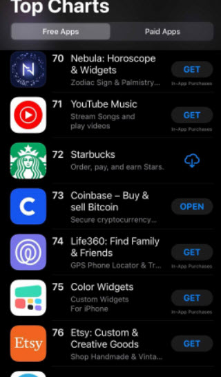 Top Chart - اپلیکیشن Coinbase در لیست 100 برنامه‌ی برتر رایگان فروشگاه اپل قرار گرفت!