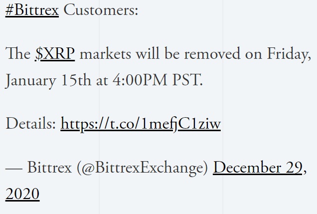 توئیت بیترکس - صرافی Bittrex نیز معاملات XRP را متوقف می کند