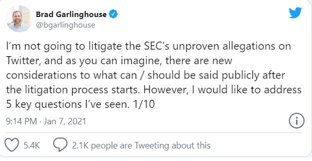 Garlinghaouse - مدیر عامل ریپل: "سعی کردیم با SEC به توافق برسیم"