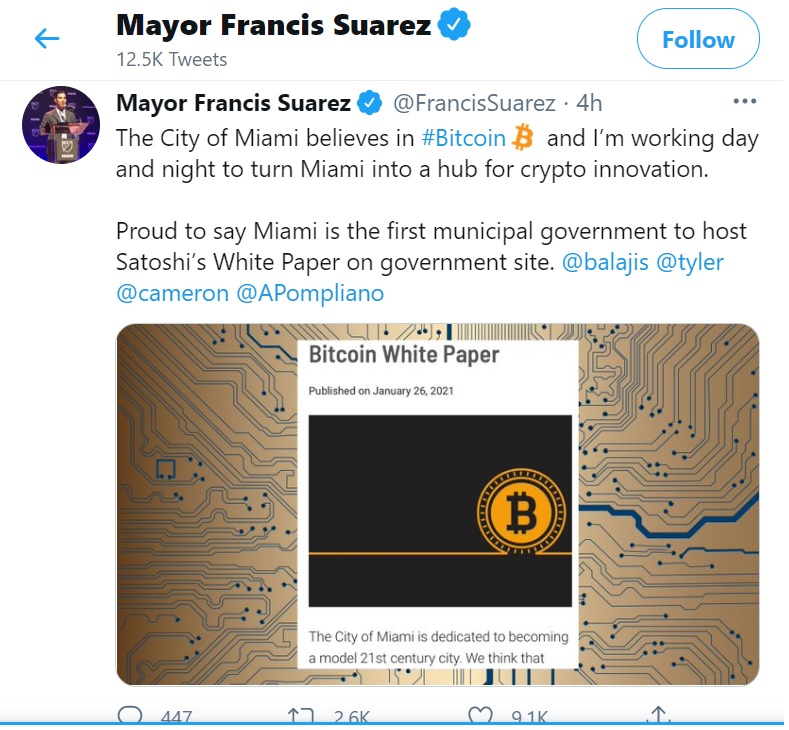 Miami 1 - شهرداری میامی، وایت پیپر بیت کوین را در سایت خود بارگذاری کرد
