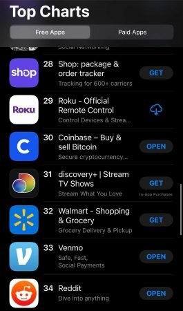 top chart - Coinbase در لیست 30 برنامه‌ی برتر رایگان Apple’s Store