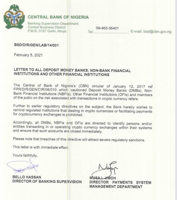 بخشنامه - بانک مرکزی نیجریه دستور منع ارائه خدمات رمزنگاری در بانک ها را صادر کرد