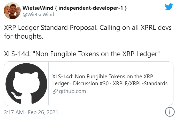 Wietse - یکی از توسعه دهندگان XRP  طرح افزودن توکن های NFT به XRP Ledger راه اندازی کرد