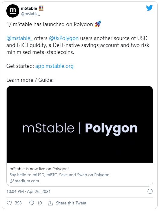توئیترر - راه اندازی mStable در Polygon ، با امید جذب کاربران دیفای!