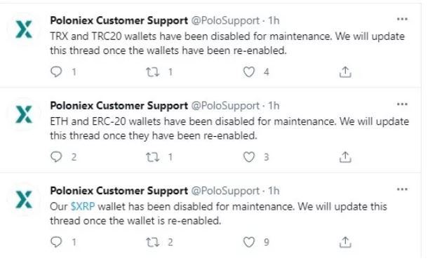 توئیت1 1 - بستن موقتی کیف پول های ریپل، ترون و اتریوم توسط صرافی Poloniex به منظور تعمیر!