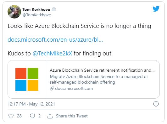 Tom Kerhove - مایکروسافت در سپتامبر، بلاکچین Azure را خاموش می کند!