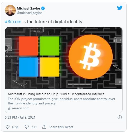 مایکل سایلور - محافظت از هویت مجازی غیر متمرکز کاربران توسط مایکروسافت، با استفاده از بلاکچین بیت کوین!