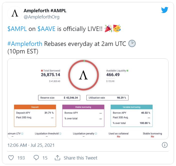 AMPL - شامل شدن Ampleforth به عنوان بخشی از پلتفرم وام دهی AAVE و صعود 70 درصدی قیمت در دو روز گذشته!