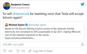 Screenshot 2021 07 03 at 20 17 36 Will Elon Musks Tesla Resume Accepting Bitcoin Soon Green BTC Mining Reaches 56 BC Anal... 1 300x187 - مدیرعامل شرکت تجزیه و تحلیلBC : آیا ایلان ماسک(Elon Musk) پذیرش بیت کوین را در کمپانی تسلا از سر خواهد گرفت؟