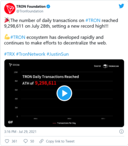 Screenshot 2021 07 29 at 20 18 16 Tron TRX Transaction Count Prints New Record Possible Reasons 264x300 - دلایل احتمالی رشد بی سابقه تراکنش های ترون