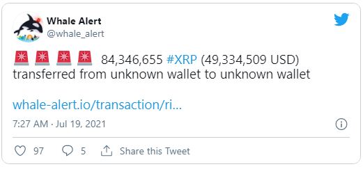 Whale Alert - انتقال 84.3 میلیون XRP به Binance!