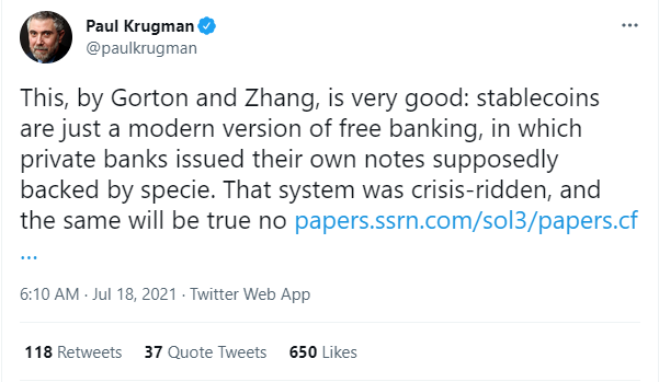 tweet 2 - پل کروگمن برنده جایزه نوبل بحران احتمالی استیبل کوین در آینده را توضیح داد