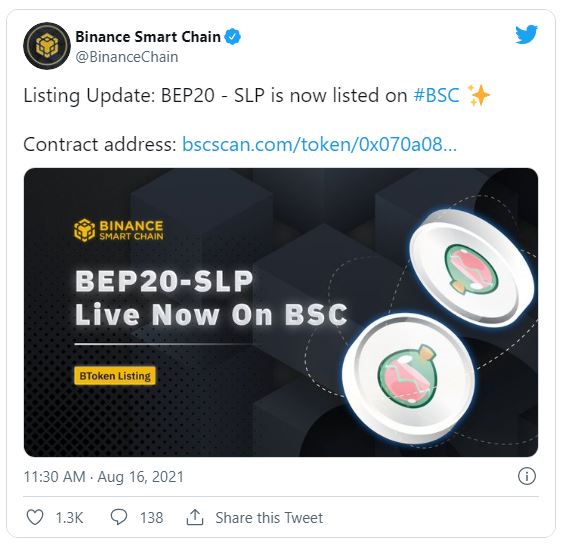 بایننس اسمارت چین - رمزارز SLP بر بستر Binance Smart Chain  لیست شد!