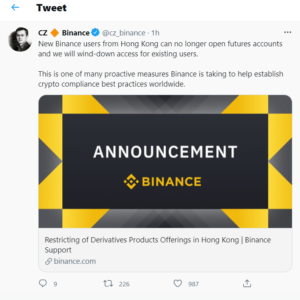 2021 08 06 03 24 43 CZ 🔶 Binance on Twitter   New Binance users from Hong Kong can no longer open f 300x300 - بایننس حساب قراردادهای آتی کاربران جدید در هنگ‌کنگ را بست