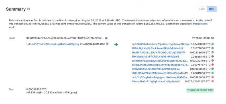 2021 08 30 16 34 50 Over 1.3 Million Bitcoins Transferred by Anonymous Whales in Large Lumps - بیش از 1/3 میلیون بیت کوین توسط نهنگ های ناشناس منتقل شده است