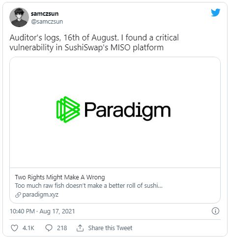 samczsun - جلوگیری از هک 350 میلیون دلاری SushiSwap ،توسط توسعه دهنده ناشناس!