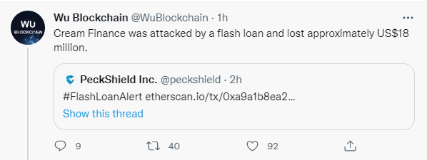wu - در دومین حمله هکری امسال خود،Cream Finance هجده میلیون دلار رمزارز را از دست داد