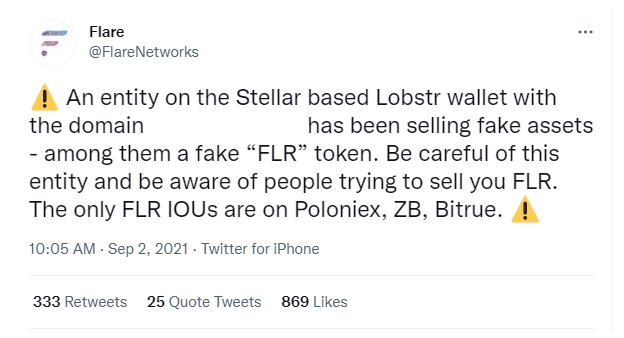 2021 09 02 20 43 59 Scam Alert  Fake FLR Tokens Offered by Stellar Based Wallet - هشدار کلاهبرداری: توکن های FLR که توسط کیف پول مبتنی بر Stellar ارائه می شوند، جعلی هستند