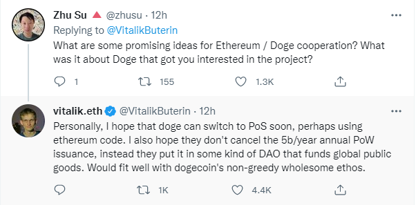 TWIT - ویتالیک بوترین امیدوار است Doge به زودی با استفاده از کد اتریوم به اثبات سهام تغییر کند