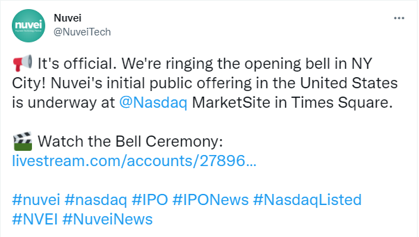 2021 10 07 04 18 09 Nuvei on Twitter   📢 Its official. Were ringing the opening bell in NY City  - شرکت Nuvei در نزدک عرضه می شود
