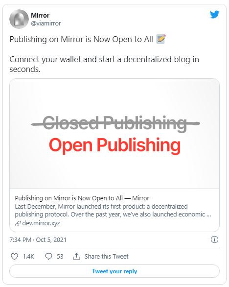 Mirror 1 - Mirror، دسترسی به بستر بلاک چین بلاگ خود را را برای همه باز می کند!