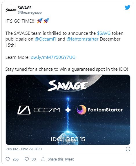 Savage - راه اندازی Savage IDO در 15 دسامبر در OccamRazer و FantomStarter!