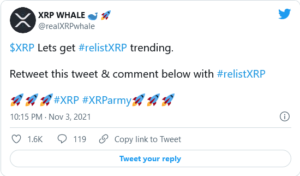 Screenshot 2021 11 04 at 17 59 16 Relist Ripple XRP on Coinbase Campaign Goes Viral on Twitter 300x176 - داغ شدن هشتگ "RelistXRP" در توئیتر صرافی کوین بیس