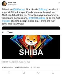 Screenshot 2021 11 16 at 09 26 39 Adam Aron on Twitter 247x300 - تئاترهای AMC ظرف دو تا چهار ماه آینده شیبا اینو را می پذیرند