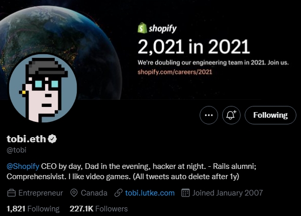 2021 12 14 21 06 50 Shopify CEO Joins Ethereum Community with New Twitter Handle - مدیر عامل Shopify با نامی جدید در توییتر به انجمن اتریوم می پیوندد