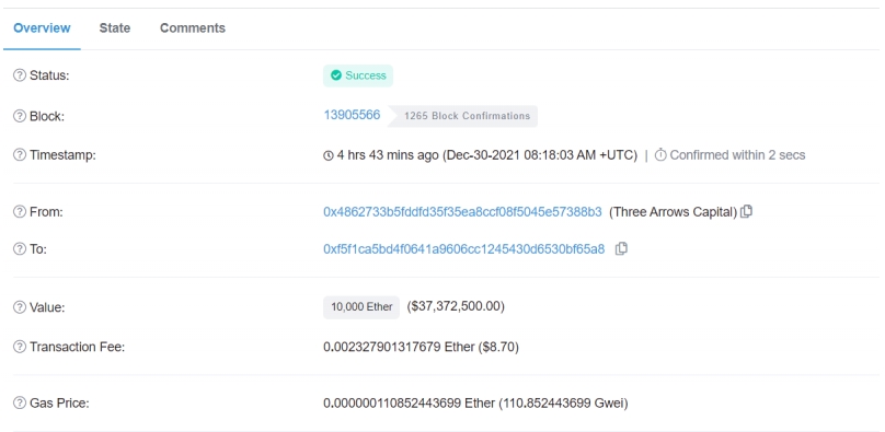 2021 12 30 19 40 33 Three Arrows Capital Deposited 10000 ETH to FTX Might Be Ready to Sell - صندوق Three Arrow Capital به اندازه 10000 اتریوم به صرافی FTX واریز کرد