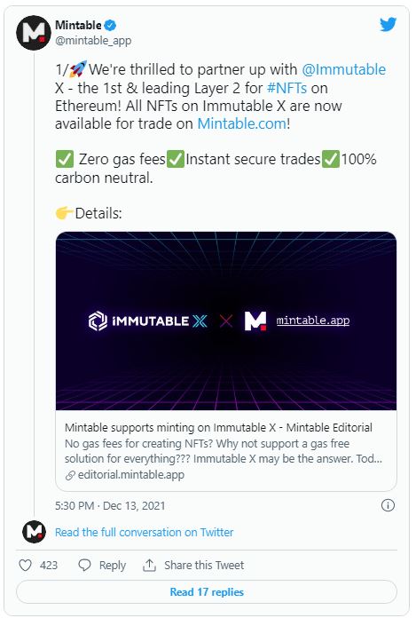 Mintable 1 - پشتیبانی برنامه Mintable از مینت NFT در پروتکل Immutable X!