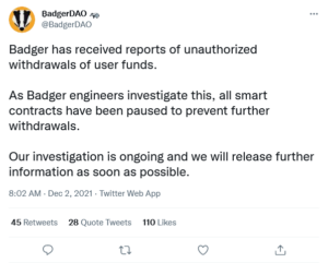 Screenshot 2021 12 02 at 09 44 02 ₿adgerDAO 🦡 on Twitter 300x241 - 10 میلیون دلار سرقت از پروتکل Badger DAO