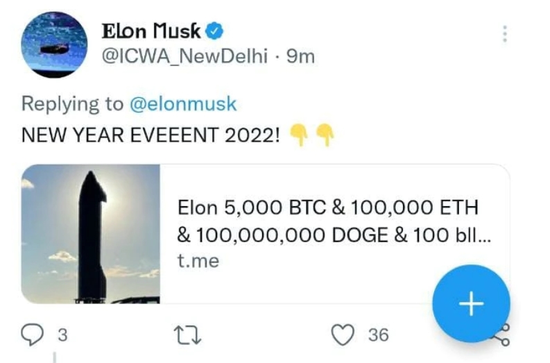 2022 01 03 18 35 51  Elon Musk  Dogecoin Scam Promoted by Hacked Twitter Account of Indian Medical A - کلاهبرداری اعطای دوج کوین توسط ایلان ماسک در حساب توییتر هک شده انجمن پزشکی هند تبلیغ شد