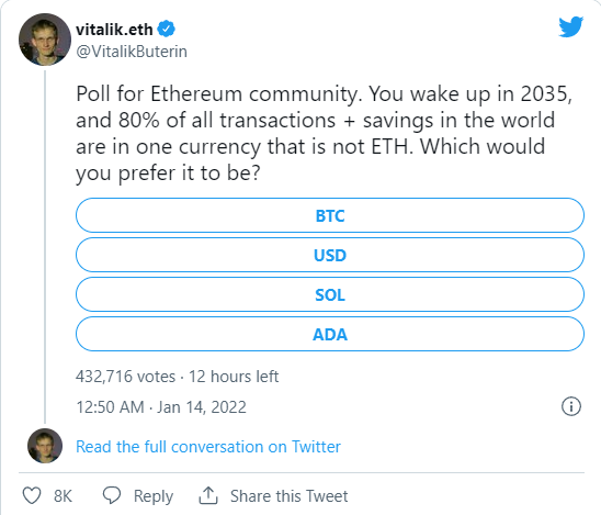 poll - کاردانو یا بیت کوین؟ Vitalik Buterin از جامعه اتریوم می‌خواهد گزینه برتر را انتخاب کند