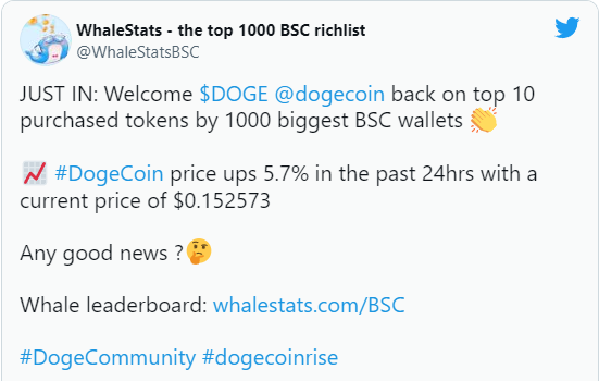 whalestat - افزایش 5.30 درصدی Dogecoin در 24 ساعت گذشته همزمان با بازگشت به جمع رمزارزهای برتر خریداری شده توسط نهنگها