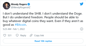 Screenshot 2022 02 01 at 10 28 30 Shiba Inu and Dogecoin Represent Freedom According to Arizona State Senator 300x162 - به گفته سناتور ایالت آریزونا، شیبا اینو و دوج کوین نماینده آزادی هستند