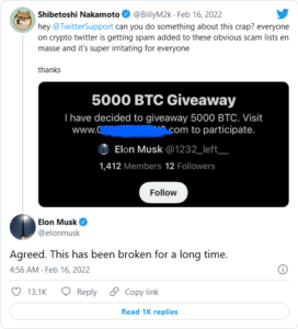 Screenshot 2022 02 16 at 10 16 28 Elon Musk Complains About Crypto Scammers on Twitter Again 272x300 - ایلان ماسک دوباره از کلاهبرداران کریپتو در توییتر شکایت می کند
