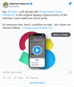 Screenshot 2022 02 19 at 08 58 30 Dogecoin Co Founder Promoting Petition Calling for Adding DOGE Tipping on Twitter 255x300 - تلاش بیلی مارکوس برای ایجاد قابلیت پرداخت پاداش با دوج کوین در توئیتر