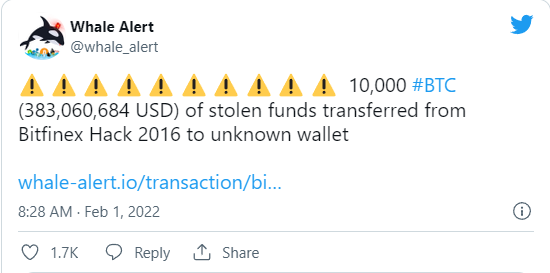 whale1 - بخشی از 130،000 BTC به سرقت رفته در هک سال 2016 بیتفینکس به کیف پول ناشناس منتقل شد