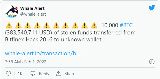 whale2 - بخشی از 130،000 BTC به سرقت رفته در هک سال 2016 بیتفینکس به کیف پول ناشناس منتقل شد
