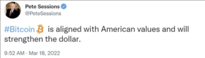 Screenshot 2022 03 19 at 20 41 32 pete sessions tweet.webp WEBP Image 805 × 228 pixels 300x85 - قانونگذار آمریکایی می گوید بیت کوین با ارزش های آمریکایی همسو شده است