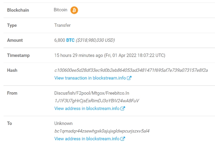 2022 04 02 17 21 48 Mt. Gox wallet transfers 6800 BTC as ex CEO plans to redistribute 6B - انتقال 6800 بیت کوین از کیف پول صرافی Mt. Gox