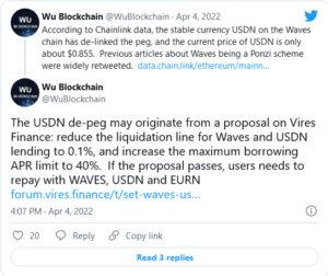 Screenshot 2022 04 04 at 18 57 28 Crypto Scandal WAVESs Stablecoin USDN De Pegged and Fell to 0.85 Following Ponzi Scheme Accusations 300x252 - قیمت استیبل کوین USDN مبتنی بر WAVES به 0.85 دلار سقوط کرد