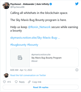 Screenshot 2022 04 12 at 17 42 35 Axie Infinity Team Launches 1 Million Bug Bounty Following Record Breaking Ronin Hack 264x300 - تیم Axie Infinity جایزه 1 میلیون دلاری برای هکرهای کلاه سفید راه اندازی کرد