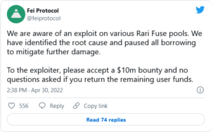 Screenshot 2022 04 30 at 17 17 20 Hacker Drains 80 Million from DeFi Rari Capital and Fei Protocol Bounty Is Offered 300x188 - سرقت 80 میلیون دلاری از پلتفرم های دیفای Rari Capital و پروتکل Fei